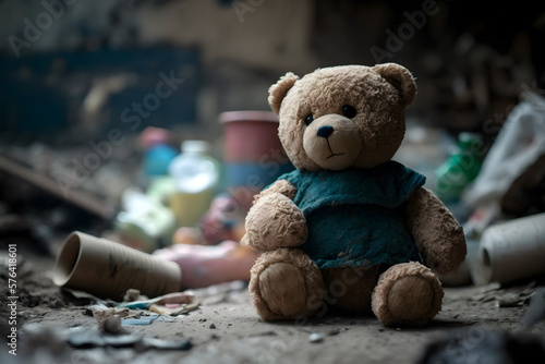 Alone Teddy bear on ruins of house after earthquake, war bomb and danger accident. Generation AI