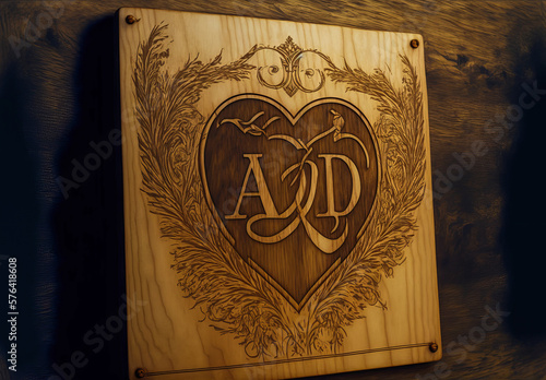 An elegant wooden heart decorated with the initials A and D. Ideal for wedding or Valentine's Day design, the initials symbolizing the first names of a couple. Generative AI
