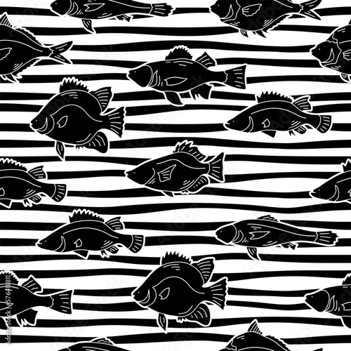 Seamless pattern with fishes doodle on strip background