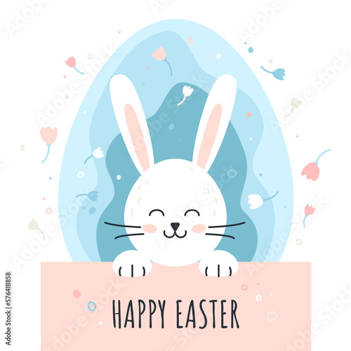 Easter rabbit. Trendy Easter design with typography, bunny, flowers, egg in pastel colors. Vector illustration