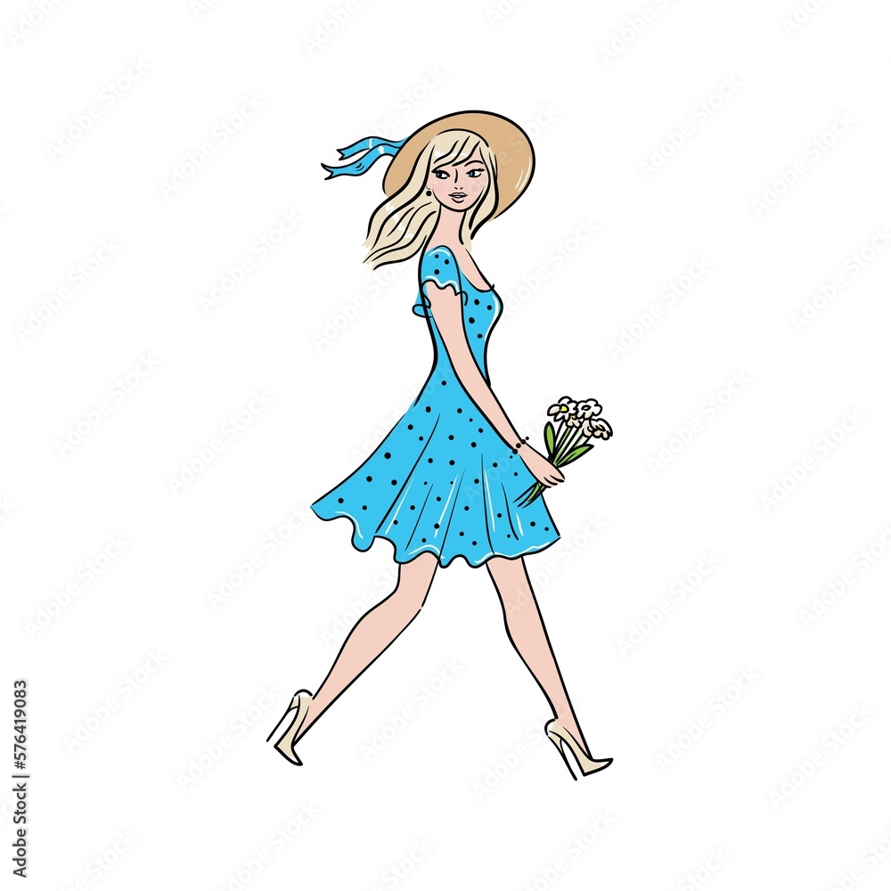 Beautiful young woman carries flowers.Summer stock vector illustration.Girl in a straw hat. Beautiful young woman carries flowers.Summer stock vector illustration.Girl in a straw hat.