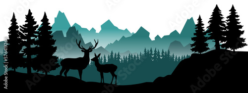 Silhouette of mountains, wild forest woods deer animal and misty fog forest fir trees camping adventure wildlife landscape panorama illustration icon vector for logo, isolated on white background.