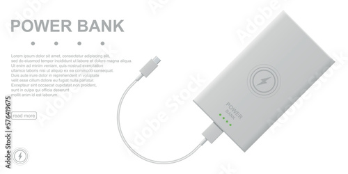 Power bank connection via USB cable realistic vector illustration isolated on white background. 3D concept.