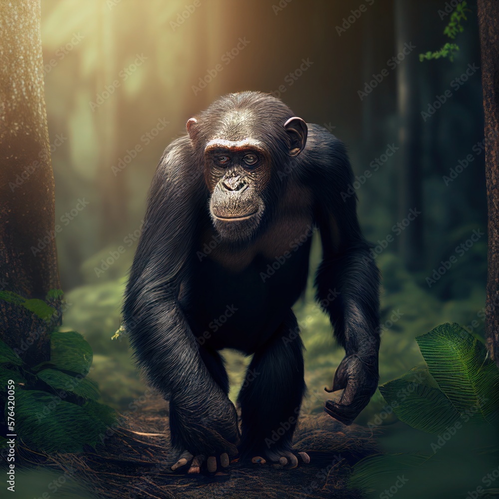 Fototapeta premium High Angle View Of Chimpanzee In Forest, generative ai