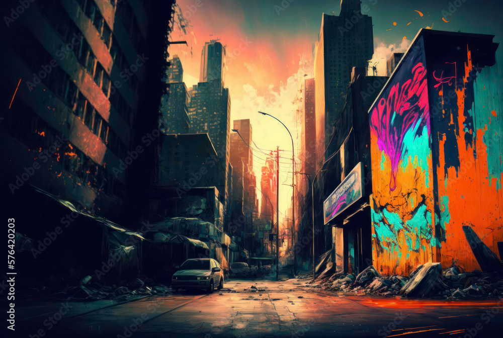 city in the night graffiti illustration. Generative AI