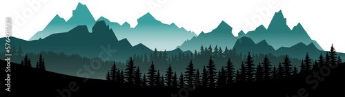 Silhouette of mountains forest woods in the morning, landscape panorama illustration icon vector for logo, isolated on white background