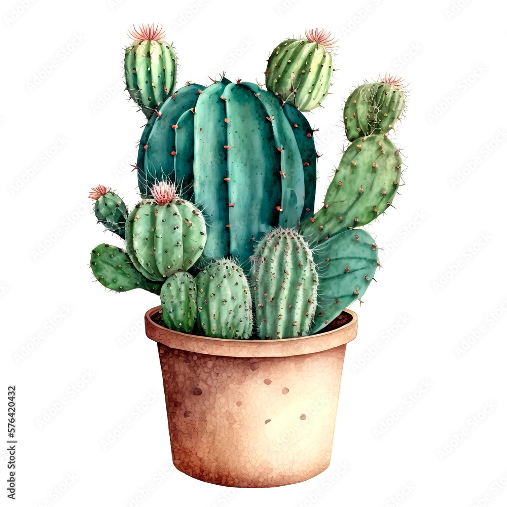 Flowering cactus in a pot. Watercolor illustration on white. Watercolor cactus plant and succulent plant in pot. Generative AI Flowering cactus in a pot. Watercolor illustration on white. Watercolor cactus plant and succulent plant in pot. Generative AI