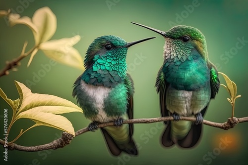 Little green bee hummingbirds perched on a slender branch with some leaves in the backdrop Generative AI photo