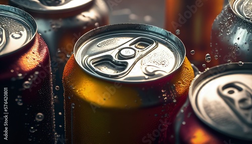 Photographie Cans of sweet drinks and beer, Cooling frozen and with water drops