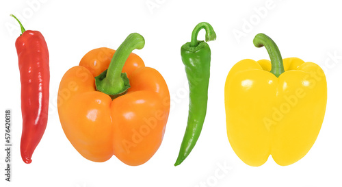 Collection of peppers on an isolated white background. Chili peppers red and green, orange and yellow peppers