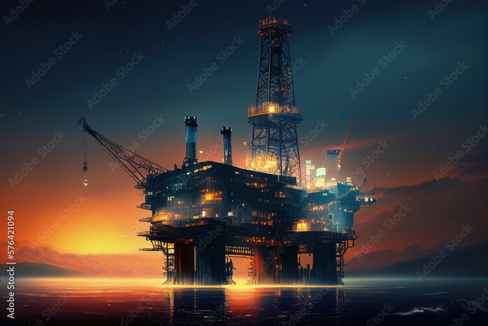 Oil production in offshore fields, and oil rig at night.  Concept. Generative AI.