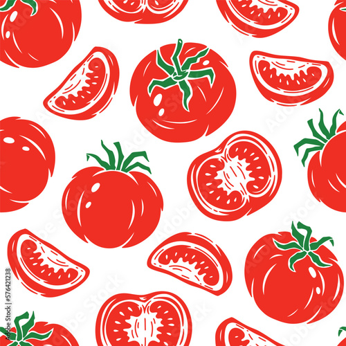 Tomato Seamless pattern. Slice of tomato. Red Tomatoes. Fresh 
Vegetables Vector Background. Great for Food Wrapping Paper or Packaging.