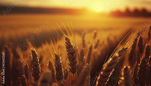 Wheatfield, Ears of golden wheat close up, Beautiful Nature Sunset Landscape, Rural Scenery under Shining Sunlight, Background of ripening ears of a wheat field, Rich harvest Concept. Generative AI.