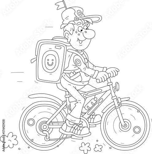 Funny boy courier riding a bike with a large backpack and delivering ordered goods to waiting customers, black and white outline vector cartoon illustration for a coloring book