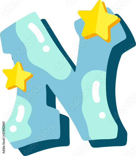 Candy glossy font design. Pastel blue and paper yelow star decor letters ABC. Sweets for girls. Letter N