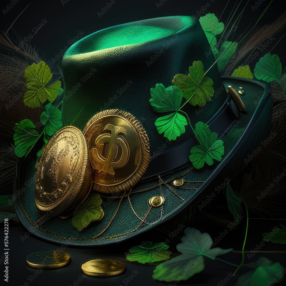 St Patrick's Day hat with gold coins and shamrocks. Generative AI