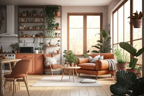 Japandi style home living room interior with scandinavian elements and minimalist terracotta sofa  AI generated 