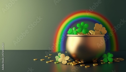 Pot of gold coins with rainbows in celebration of St. Patrick's Day.