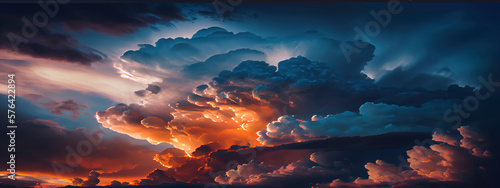 dramatic evening sky with blue, withe and orange clouds