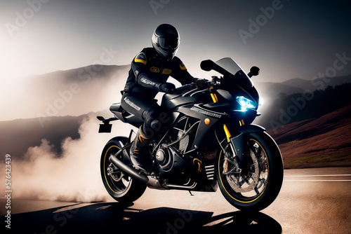 biker on the motorcycle. Generative ai. © Oleg_Yakovlev