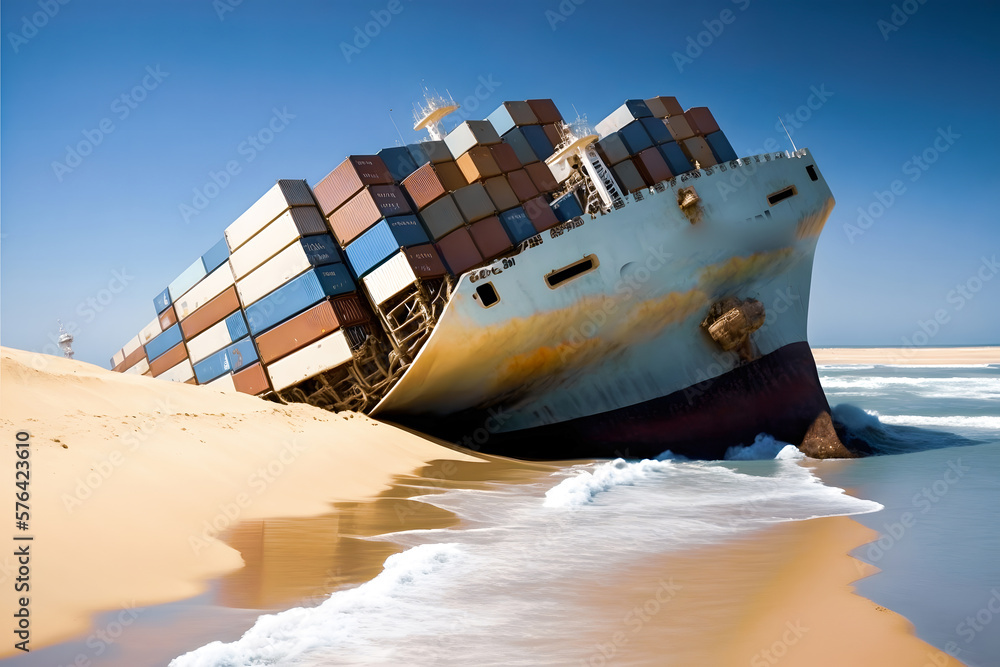 Container cargo ship accident crash sandy canal. Concept Global problem with marine traffic. Generation AI - obrazy, fototapety, plakaty 