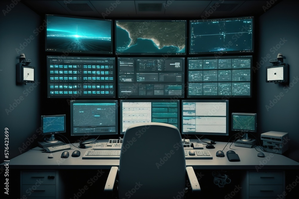 Surveilence monitoring workplace with many screens. Control room. Surveilence monitoring workplace with many screens. Control room.
