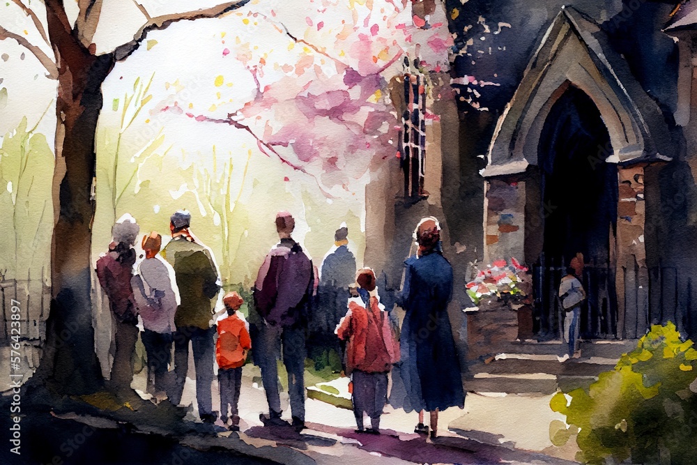 Fototapeta premium Wholesome Easter Holiday family scene watercolor illustration. People visiting Church during the spring season. AI Generative Art.