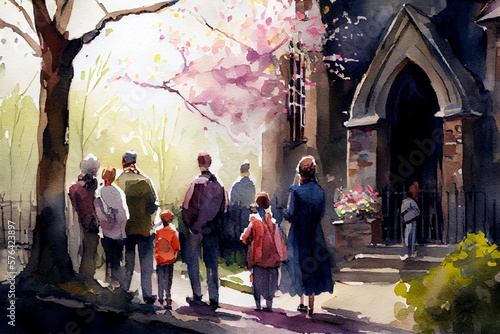 Wholesome Easter Holiday family scene watercolor illustration. People visiting Church during the spring season. AI Generative Art.