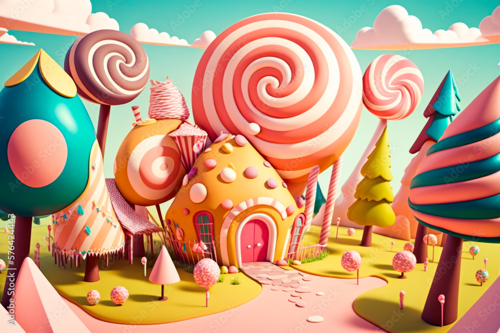 Candy town with small house in the center, lollipop trees, Generative ...