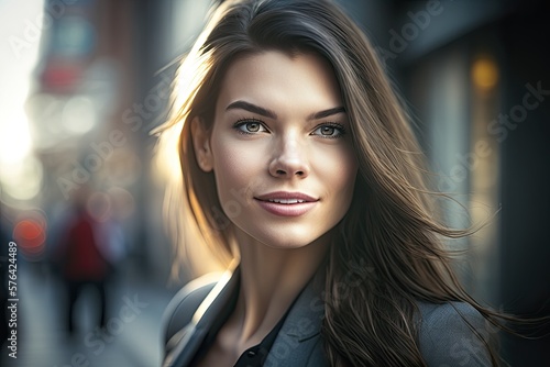 Portrait young beautiful woman with blurred background city. Ai generative.