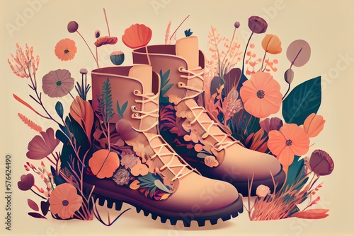 Fashionable Pastel Vintage Concept Of WomenS Footwear  Deep Autumn Boots Full Of Fresh  Meadow  Spring Flowers. Illustration. Generative AI
