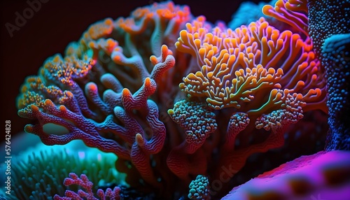 Sea anemone on a coral reef in vivid neon colors. Zoom image - Generative AI