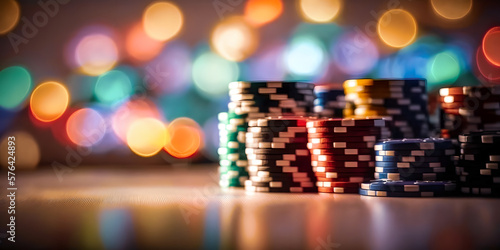 Poker chips on blur color background. Generation AI