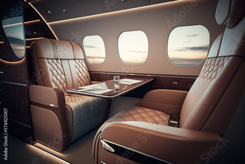 Luxurious interior inside VIP private jet, Generative AI © Uliana