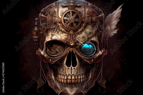 Steampunk Skull Face Portrait With Digital Art Style. Generative AI © Pixel Matrix