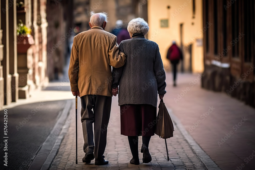 Forever in Love: Elderly Couple's City Stroll. Generative AI.
