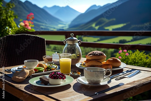 Nature's Bounty: Breakfast with a Mountain View. Generative AI.