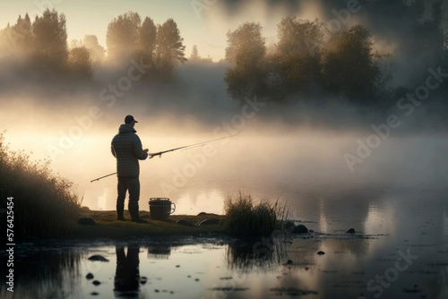 Fisher fishing on foggy sunrise, Generative AI
