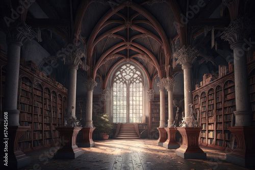 Gothic library with large steel beams and many books, Generative AI