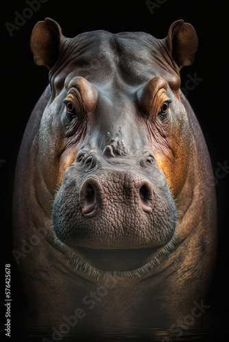 Close Hippo portrait on dark background, Generative AI