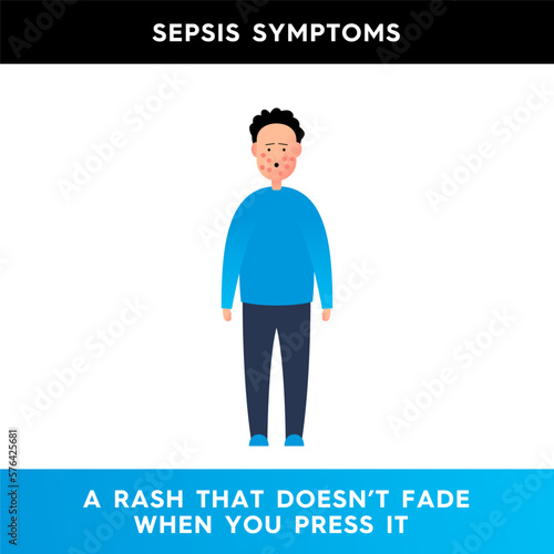 Vector illustration of a man whose face is covered with a rash. The character has red rashes all over his face that doesn't fade when press it. Symptoms of sepsis. Illustration for medical articles.