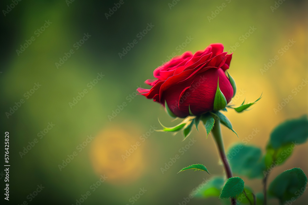 Obraz premium A red rose, symbol of love and passion, in its natural green environment. Ideal to create a unique atmosphere in any composition. Generative AI