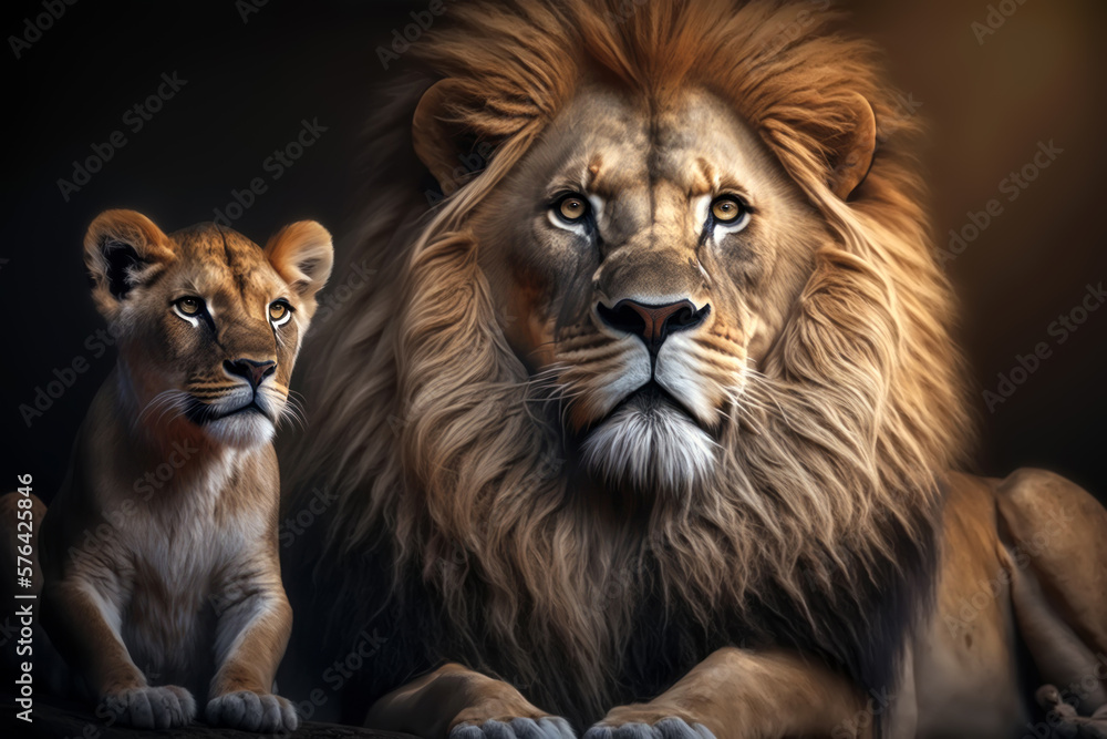 Lions farher and cub portrait on dark background. AI Generative