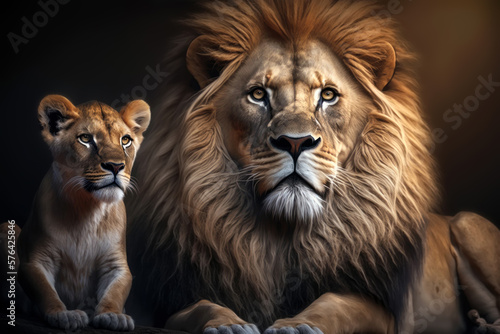 Lions farher and cub portrait on dark background. AI Generative © Uliana