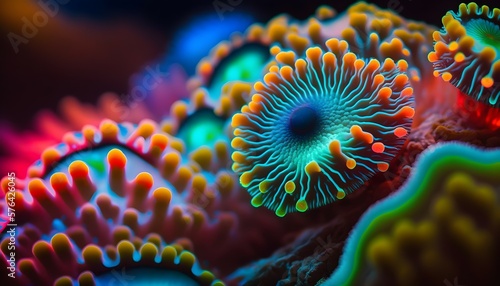 Fototapeta Naklejka Na Ścianę i Meble -  Sea anemone on a coral reef in vivid neon colors. Zoom image - Generative AI