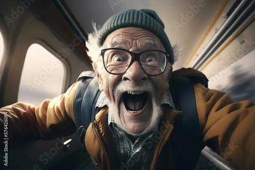 Ai illustration of a grandpa about to jump from an airplane
