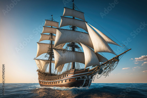 Fotografie Old Sailing ship adrift in the ocean on a sunny day, Generative AI