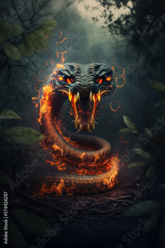 Portrait anrgy snake with teeth with fire in jungle, Generative AI