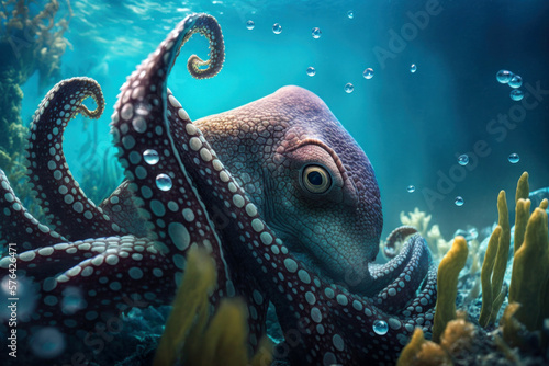Beautiful Octopus squirming through a reef in the ocean, Generative AI