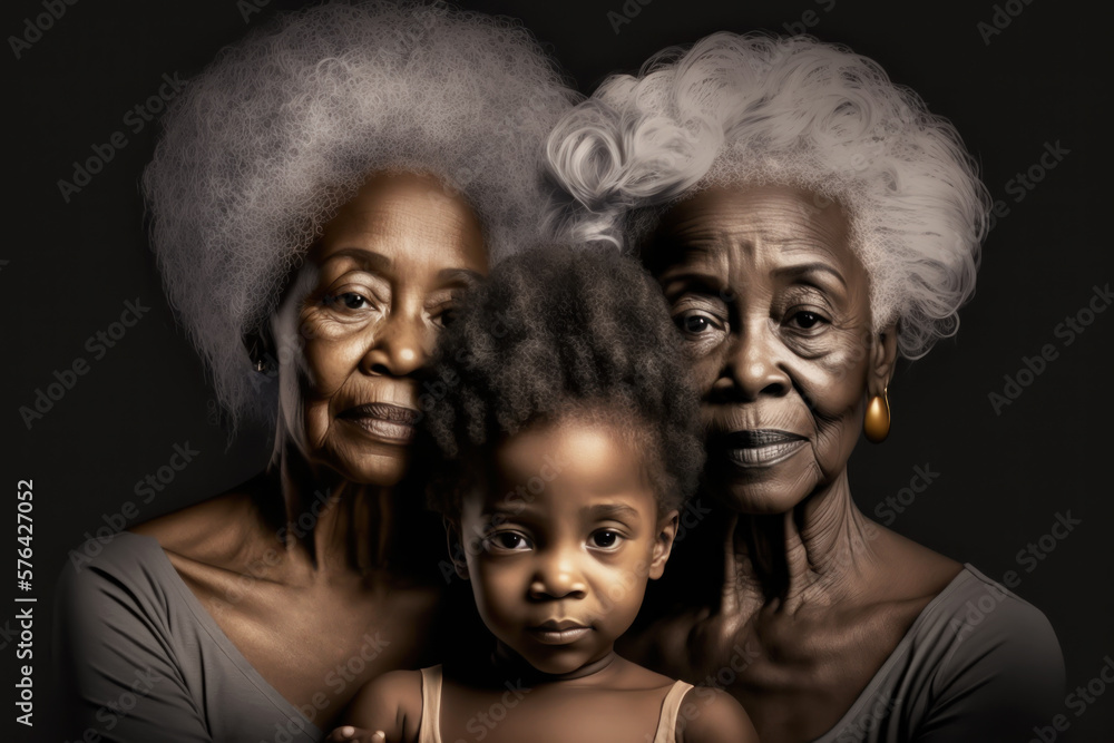 Two afro-american elderly women and little girl portrait on black